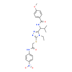 ChemSpider 2D Image | N-{1-[4-Ethyl-5-({2-[(4-nitrophenyl)amino]-2-oxoethyl}sulfanyl)-4H-1,2,4-triazol-3-yl]-2-methylpropyl}-4-methoxybenzamide | C24H28N6O5S