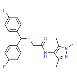 ChemSpider 2D Image | 2-{[Bis(4-fluorophenyl)methyl]sulfanyl}-N-(1,3,5-trimethyl-1H-pyrazol-4-yl)acetamide | C21H21F2N3OS