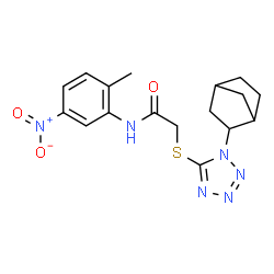 ChemSpider 2D Image | 2-{[1-(Bicyclo[2.2.1]hept-2-yl)-1H-tetrazol-5-yl]sulfanyl}-N-(2-methyl-5-nitrophenyl)acetamide | C17H20N6O3S
