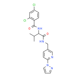 ChemSpider 2D Image | 2,4-Dichloro-N-[3-methyl-1-oxo-1-({[6-(1H-pyrazol-1-yl)-3-pyridinyl]methyl}amino)-2-butanyl]benzamide | C21H21Cl2N5O2