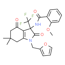 ChemSpider 2D Image | N-[1-(2-Furylmethyl)-6,6-dimethyl-2,4-dioxo-3-(trifluoromethyl)-2,3,4,5,6,7-hexahydro-1H-indol-3-yl]-2-methoxybenzamide | C24H23F3N2O5