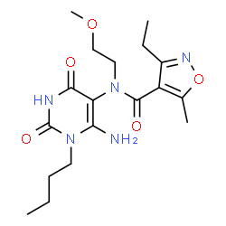 ChemSpider 2D Image | N-(6-Amino-1-butyl-2,4-dioxo-1,2,3,4-tetrahydro-5-pyrimidinyl)-3-ethyl-N-(2-methoxyethyl)-5-methyl-1,2-oxazole-4-carboxamide | C18H27N5O5