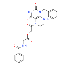 ChemSpider 2D Image | 2-[(6-Amino-1-benzyl-2,4-dioxo-1,2,3,4-tetrahydro-5-pyrimidinyl)(ethyl)amino]-2-oxoethyl N-(4-methylbenzoyl)glycinate | C25H27N5O6