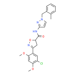 ChemSpider 2D Image | 3-(5-Chloro-2,4-dimethoxyphenyl)-N-[1-(2-methylbenzyl)-1H-pyrazol-3-yl]-4,5-dihydro-1,2-oxazole-5-carboxamide | C23H23ClN4O4