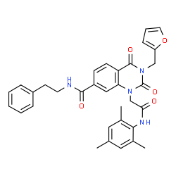 ChemSpider 2D Image | 3-(2-Furylmethyl)-1-[2-(mesitylamino)-2-oxoethyl]-2,4-dioxo-N-(2-phenylethyl)-1,2,3,4-tetrahydro-7-quinazolinecarboxamide | C33H32N4O5