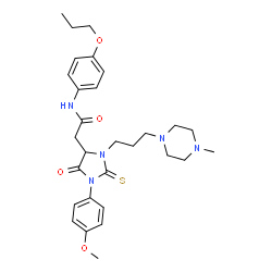 ChemSpider 2D Image | 2-{1-(4-Methoxyphenyl)-3-[3-(4-methyl-1-piperazinyl)propyl]-5-oxo-2-thioxo-4-imidazolidinyl}-N-(4-propoxyphenyl)acetamide | C29H39N5O4S