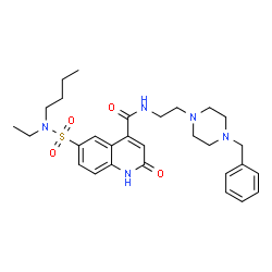 ChemSpider 2D Image | N-[2-(4-Benzyl-1-piperazinyl)ethyl]-6-[butyl(ethyl)sulfamoyl]-2-oxo-1,2-dihydro-4-quinolinecarboxamide | C29H39N5O4S