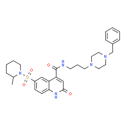 ChemSpider 2D Image | N-[3-(4-Benzyl-1-piperazinyl)propyl]-6-[(2-methyl-1-piperidinyl)sulfonyl]-2-oxo-1,2-dihydro-4-quinolinecarboxamide | C30H39N5O4S