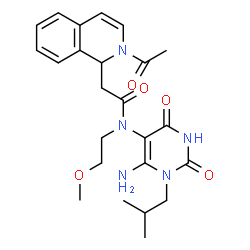 ChemSpider 2D Image | 2-(2-Acetyl-1,2-dihydro-1-isoquinolinyl)-N-(6-amino-1-isobutyl-2,4-dioxo-1,2,3,4-tetrahydro-5-pyrimidinyl)-N-(2-methoxyethyl)acetamide | C24H31N5O5