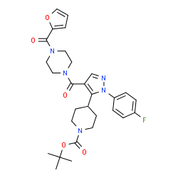ChemSpider 2D Image | 2-Methyl-2-propanyl 4-[1-(4-fluorophenyl)-4-{[4-(2-furoyl)-1-piperazinyl]carbonyl}-1H-pyrazol-5-yl]-1-piperidinecarboxylate | C29H34FN5O5
