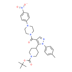 ChemSpider 2D Image | 2-Methyl-2-propanyl 4-[1-(4-methylphenyl)-4-{[4-(4-nitrophenyl)-1-piperazinyl]carbonyl}-1H-pyrazol-5-yl]-1-piperidinecarboxylate | C31H38N6O5
