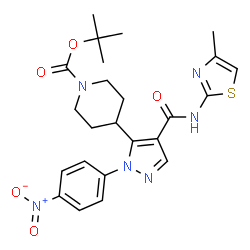 ChemSpider 2D Image | 2-Methyl-2-propanyl 4-{4-[(4-methyl-1,3-thiazol-2-yl)carbamoyl]-1-(4-nitrophenyl)-1H-pyrazol-5-yl}-1-piperidinecarboxylate | C24H28N6O5S