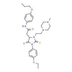 ChemSpider 2D Image | 2-{1-(4-Ethoxyphenyl)-3-[2-(4-methyl-1-piperazinyl)ethyl]-5-oxo-2-thioxo-4-imidazolidinyl}-N-(4-propoxyphenyl)acetamide | C29H39N5O4S