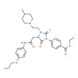 ChemSpider 2D Image | Ethyl 4-(3-[2-(4-methyl-1-piperidinyl)ethyl]-5-oxo-4-{2-oxo-2-[(4-propoxyphenyl)amino]ethyl}-2-thioxo-1-imidazolidinyl)benzoate | C31H40N4O5S