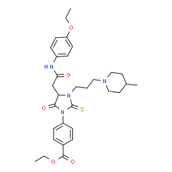ChemSpider 2D Image | Ethyl 4-(4-{2-[(4-ethoxyphenyl)amino]-2-oxoethyl}-3-[3-(4-methyl-1-piperidinyl)propyl]-5-oxo-2-thioxo-1-imidazolidinyl)benzoate | C31H40N4O5S