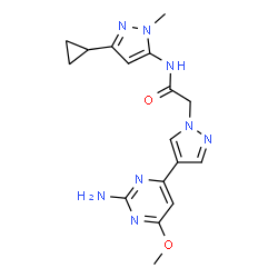 ChemSpider 2D Image | 2-[4-(2-Amino-6-methoxy-4-pyrimidinyl)-1H-pyrazol-1-yl]-N-(3-cyclopropyl-1-methyl-1H-pyrazol-5-yl)acetamide | C17H20N8O2