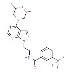 ChemSpider 2D Image | N-{2-[4-(2,6-Dimethyl-4-morpholinyl)-1H-pyrazolo[3,4-d]pyrimidin-1-yl]ethyl}-3-(trifluoromethyl)benzamide | C21H23F3N6O2