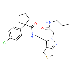 ChemSpider 2D Image | 1-(4-Chlorophenyl)-N-{2-[2-oxo-2-(propylamino)ethyl]-2,6-dihydro-4H-thieno[3,4-c]pyrazol-3-yl}cyclopentanecarboxamide | C22H27ClN4O2S