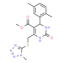 ChemSpider 2D Image | Methyl 4-(2,5-dimethylphenyl)-6-{[(1-methyl-1H-tetrazol-5-yl)sulfanyl]methyl}-2-oxo-1,2,3,4-tetrahydro-5-pyrimidinecarboxylate | C17H20N6O3S