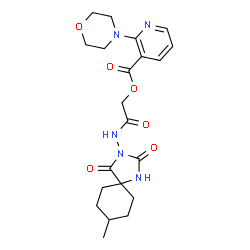 ChemSpider 2D Image | 2-[(8-Methyl-2,4-dioxo-1,3-diazaspiro[4.5]dec-3-yl)amino]-2-oxoethyl 2-(4-morpholinyl)nicotinate | C21H27N5O6