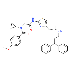 ChemSpider 2D Image | N-Cyclopropyl-N-{2-[(4-{2-[(3,3-diphenylpropyl)amino]-2-oxoethyl}-1,3-thiazol-2-yl)amino]-2-oxoethyl}-4-methoxybenzamide | C33H34N4O4S