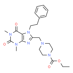 ChemSpider 2D Image | Ethyl 4-{[1,3-dimethyl-2,6-dioxo-7-(2-phenylethyl)-2,3,6,7-tetrahydro-1H-purin-8-yl]methyl}-1-piperazinecarboxylate | C23H30N6O4