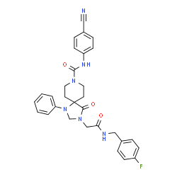 ChemSpider 2D Image | N-(4-Cyanophenyl)-3-{2-[(4-fluorobenzyl)amino]-2-oxoethyl}-4-oxo-1-phenyl-1,3,8-triazaspiro[4.5]decane-8-carboxamide | C30H29FN6O3