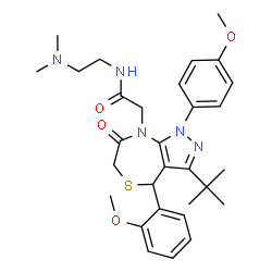 ChemSpider 2D Image | N-[2-(Dimethylamino)ethyl]-2-[4-(2-methoxyphenyl)-1-(4-methoxyphenyl)-3-(2-methyl-2-propanyl)-7-oxo-1,4,6,7-tetrahydro-8H-pyrazolo[3,4-e][1,4]thiazepin-8-yl]acetamide | C30H39N5O4S