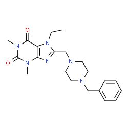 ChemSpider 2D Image | 8-[(4-Benzyl-1-piperazinyl)methyl]-7-ethyl-1,3-dimethyl-3,7-dihydro-1H-purine-2,6-dione | C21H28N6O2