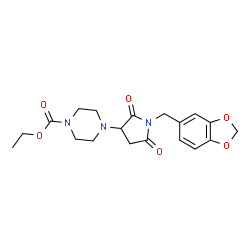 ChemSpider 2D Image | Ethyl 4-[1-(1,3-benzodioxol-5-ylmethyl)-2,5-dioxo-3-pyrrolidinyl]-1-piperazinecarboxylate | C19H23N3O6