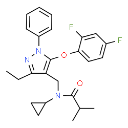 ChemSpider 2D Image | N-Cyclopropyl-N-{[5-(2,4-difluorophenoxy)-3-ethyl-1-phenyl-1H-pyrazol-4-yl]methyl}-2-methylpropanamide | C25H27F2N3O2
