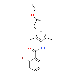 ChemSpider 2D Image | Ethyl {4-[(2-bromobenzoyl)amino]-3,5-dimethyl-1H-pyrazol-1-yl}acetate | C16H18BrN3O3