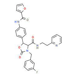 ChemSpider 2D Image | 3-(3-Fluorobenzyl)-5-[4-(2-furoylamino)phenyl]-2-oxo-N-[2-(2-pyridinyl)ethyl]-1,3-oxazolidine-4-carboxamide | C29H25FN4O5