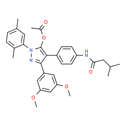 ChemSpider 2D Image | 3-(3,5-Dimethoxyphenyl)-1-(2,5-dimethylphenyl)-4-{4-[(3-methylbutanoyl)amino]phenyl}-1H-pyrazol-5-yl acetate | C32H35N3O5