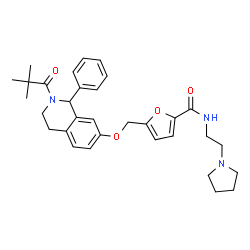 ChemSpider 2D Image | 5-({[2-(2,2-Dimethylpropanoyl)-1-phenyl-1,2,3,4-tetrahydro-7-isoquinolinyl]oxy}methyl)-N-[2-(1-pyrrolidinyl)ethyl]-2-furamide | C32H39N3O4