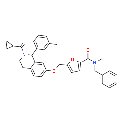 ChemSpider 2D Image | N-Benzyl-5-({[2-(cyclopropylcarbonyl)-1-(3-methylphenyl)-1,2,3,4-tetrahydro-7-isoquinolinyl]oxy}methyl)-N-methyl-2-furamide | C34H34N2O4