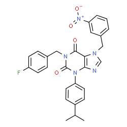 ChemSpider 2D Image | 1-(4-Fluorobenzyl)-3-(4-isopropylphenyl)-7-(3-nitrobenzyl)-3,7-dihydro-1H-purine-2,6-dione | C28H24FN5O4