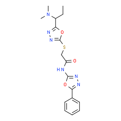 ChemSpider 2D Image | 2-({5-[1-(Dimethylamino)propyl]-1,3,4-oxadiazol-2-yl}sulfanyl)-N-(5-phenyl-1,3,4-oxadiazol-2-yl)acetamide | C17H20N6O3S