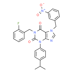 ChemSpider 2D Image | 1-(2-Fluorobenzyl)-3-(4-isopropylphenyl)-7-(3-nitrobenzyl)-3,7-dihydro-1H-purine-2,6-dione | C28H24FN5O4