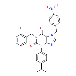 ChemSpider 2D Image | 1-(2-Fluorobenzyl)-3-(4-isopropylphenyl)-7-(4-nitrobenzyl)-3,7-dihydro-1H-purine-2,6-dione | C28H24FN5O4