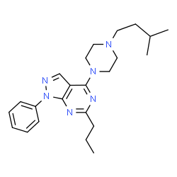 ChemSpider 2D Image | 4-[4-(3-Methylbutyl)-1-piperazinyl]-1-phenyl-6-propyl-1H-pyrazolo[3,4-d]pyrimidine | C23H32N6
