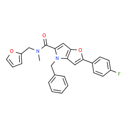 ChemSpider 2D Image | 4-Benzyl-2-(4-fluorophenyl)-N-(2-furylmethyl)-N-methyl-4H-furo[3,2-b]pyrrole-5-carboxamide | C26H21FN2O3