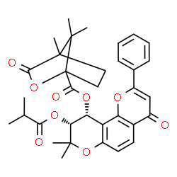 ChemSpider 2D Image | (9R,10R)-9-(Isobutyryloxy)-8,8-dimethyl-4-oxo-2-phenyl-9,10-dihydro-4H,8H-pyrano[2,3-f]chromen-10-yl 4,7,7-trimethyl-3-oxo-2-oxabicyclo[2.2.1]heptane-1-carboxylate | C34H36O9