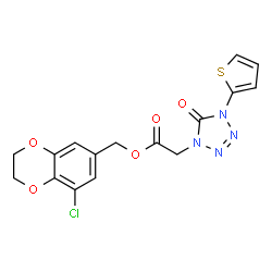 ChemSpider 2D Image | (8-Chloro-2,3-dihydro-1,4-benzodioxin-6-yl)methyl [5-oxo-4-(2-thienyl)-4,5-dihydro-1H-tetrazol-1-yl]acetate | C16H13ClN4O5S