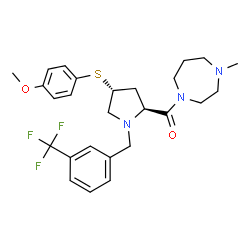 ChemSpider 2D Image | {(2S,4R)-4-[(4-Methoxyphenyl)sulfanyl]-1-[3-(trifluoromethyl)benzyl]-2-pyrrolidinyl}(4-methyl-1,4-diazepan-1-yl)methanone | C26H32F3N3O2S