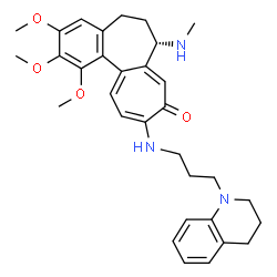 ChemSpider 2D Image | (7S)-10-{[3-(3,4-Dihydro-1(2H)-quinolinyl)propyl]amino}-1,2,3-trimethoxy-7-(methylamino)-6,7-dihydrobenzo[a]heptalen-9(5H)-one | C32H39N3O4