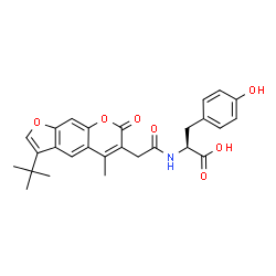 ChemSpider 2D Image | N-{[5-Methyl-3-(2-methyl-2-propanyl)-7-oxo-7H-furo[3,2-g]chromen-6-yl]acetyl}-L-tyrosine | C27H27NO7