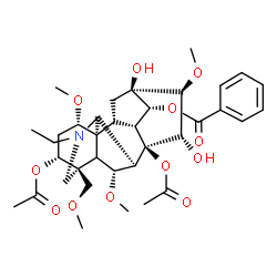 ChemSpider 2D Image | (1alpha,3alpha,5xi,6alpha,14alpha,16beta)-3,8-Diacetoxy-20-ethyl-13,15-dihydroxy-1,6,16-trimethoxy-4-(methoxymethyl)aconitan-14-yl benzoate | C36H49NO12