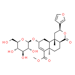 ChemSpider 2D Image | Methyl (2S,4aS,6aR,9R,10aS,10bS)-2-(3-furyl)-9-(beta-D-glucopyranosyloxy)-6a,10b-dimethyl-4-oxo-1,4,4a,5,6,6a,9,10,10a,10b-decahydro-2H-benzo[f]isochromene-7-carboxylate | C27H36O11