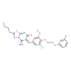 ChemSpider 2D Image | (6Z)-2-Butyl-6-{3-chloro-5-methoxy-4-[2-(3-methylphenoxy)ethoxy]benzylidene}-5-imino-5,6-dihydro-7H-[1,3,4]thiadiazolo[3,2-a]pyrimidin-7-one | C26H27ClN4O4S